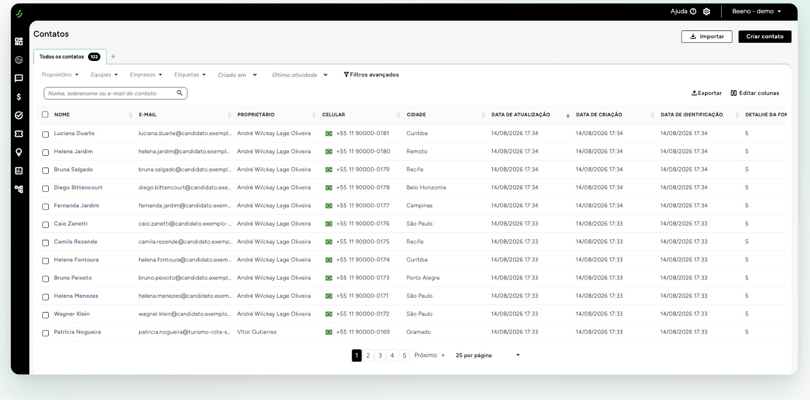 Base de contatos — Filtros avançados, colunas configuráveis e exportação em poucos cliques.