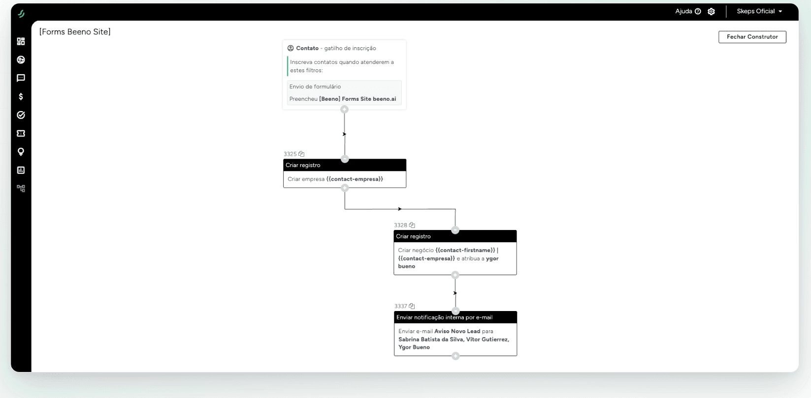 Construtor de automações do Beeno: do formulário à criação de empresa, negócio e notificação do time