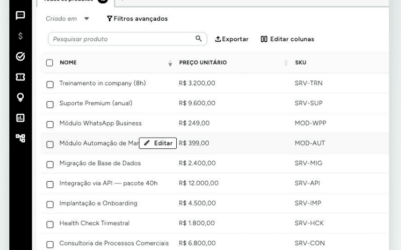 Catálogo de produtos — Preços, SKUs e módulos prontos para compor propostas e negócios.