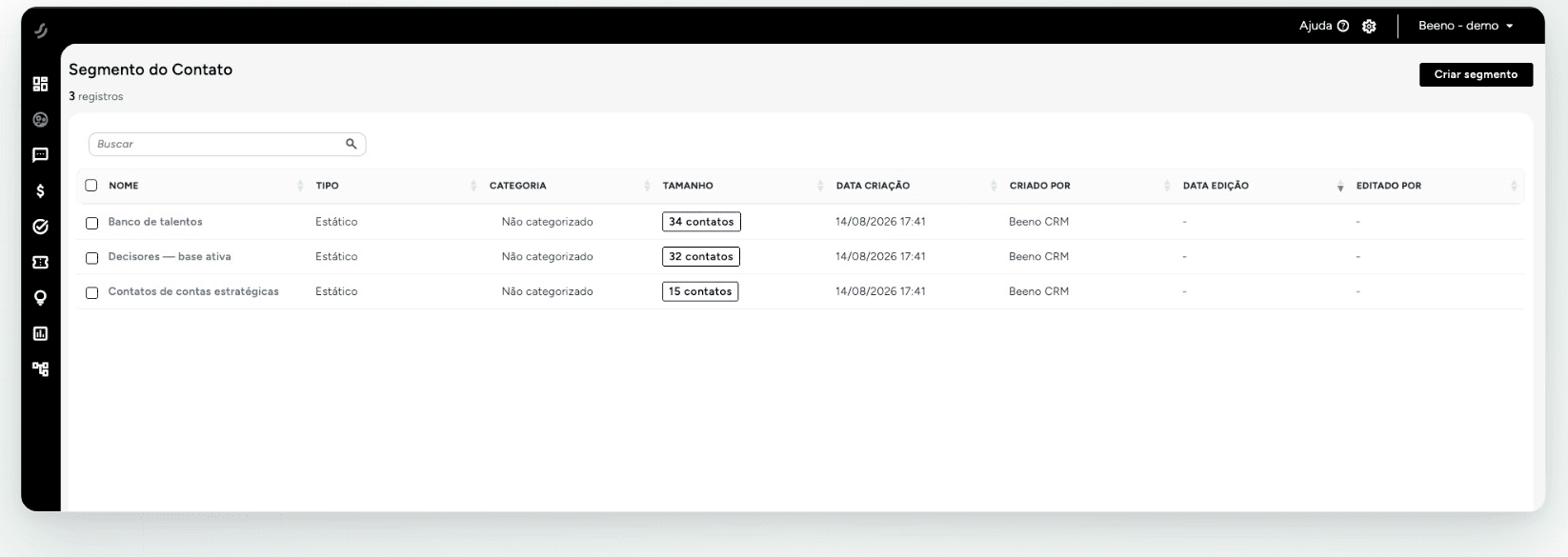 Segmentos de contatos — Agrupe a base por critérios e use os segmentos em campanhas e automações.